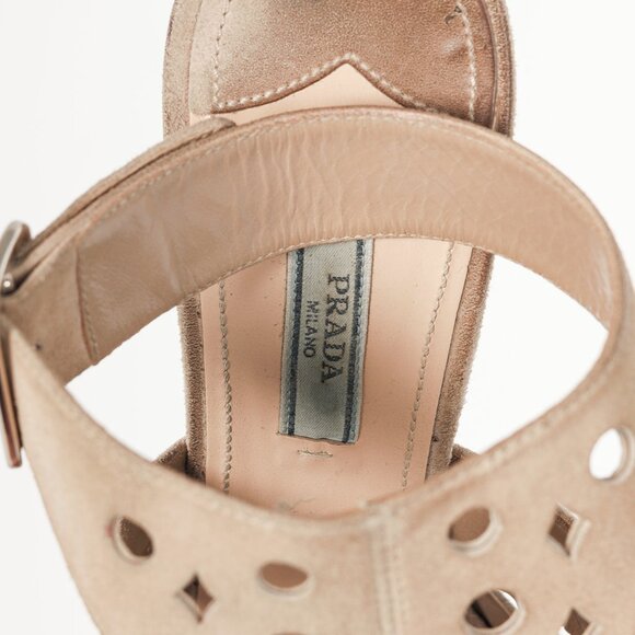 Prada Quarzo Suede Laser Cut Ankle-Strap Sandals - Picture 9 of 9